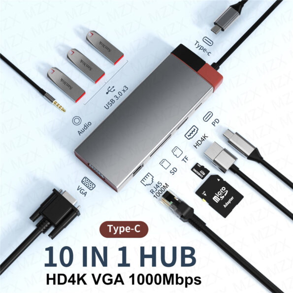 10 em 1 Docking Station Hub USB 100M RJ45 Ethernet HD 4K VGA Extensão Tipo C