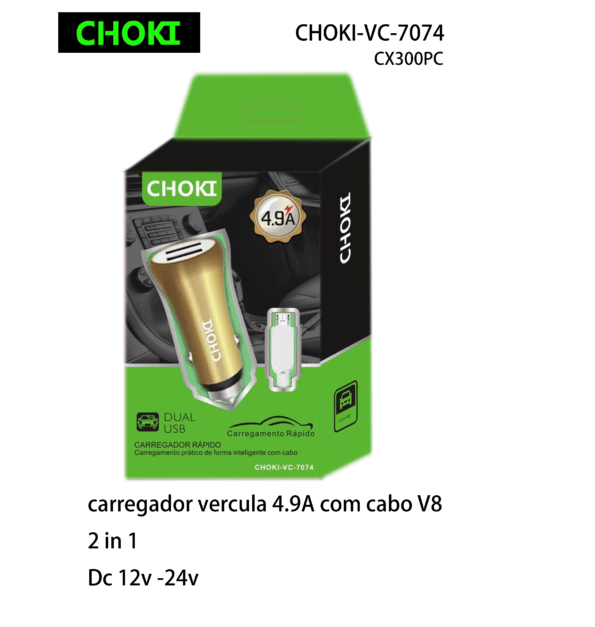 Carregador Vercula 4.9a Com Cabo Turbo 1m V8,choki-vc-7074