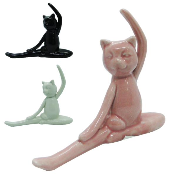 Enfeite Gato Alongando De Porcelana 17x14x4,5cm