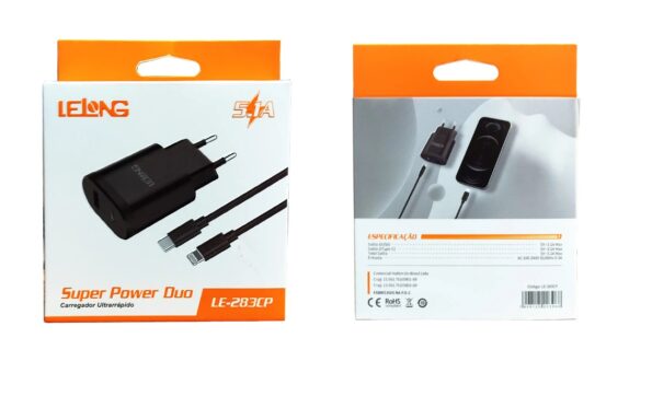 carregador turbo tupo c e ios iphone le-283cp lelong 5.1a