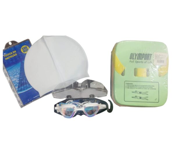 kit touca oculos de natação com protetores nariz e ouvido e cinto flutuante