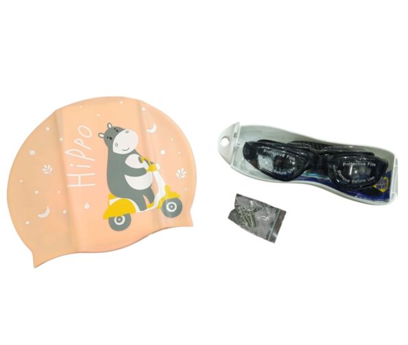 kit touca oculos de natação com protetores nariz e ouvido laranja e preto