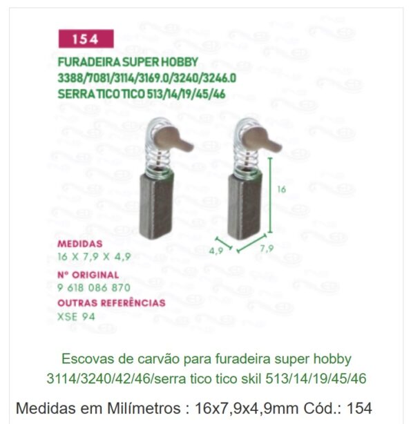 ESCOVA CARVÃO MOTOR REPARO COD154.JG MEDIDA 16X7,9X4,9MM