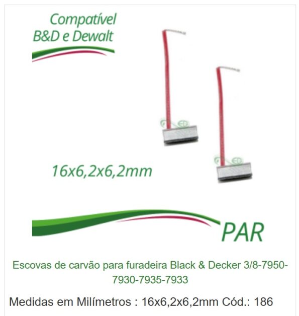 Escovas de carvão furadeira esmeriladeira luidificador med 16×6,2×6,2mm Cód 186