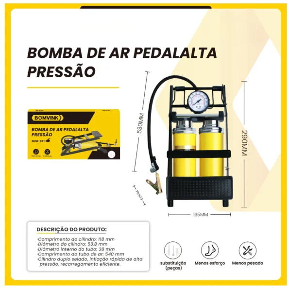 bomba de ar manual de pedal alt pressao 540mmbomder bom-88112