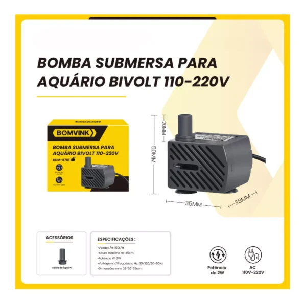 bomba submersa aquario biv 2w circul e filtragem bom-87012