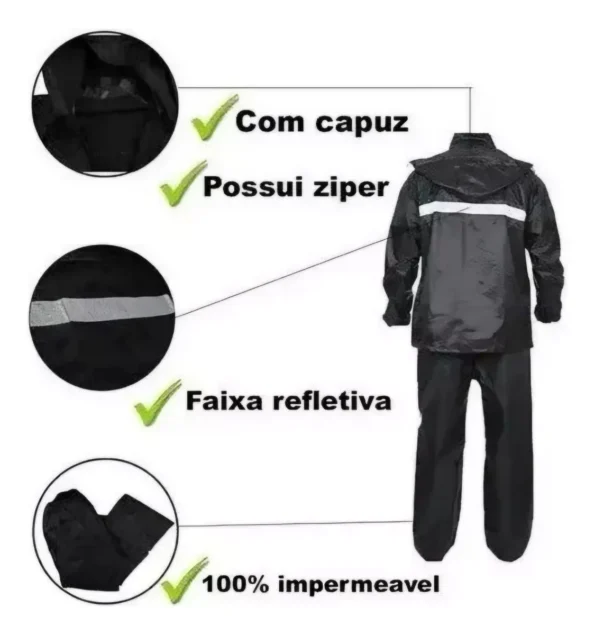 capa de chuva motoqueiro preta capuz impermeável refletivo no=620 so-133 (1)