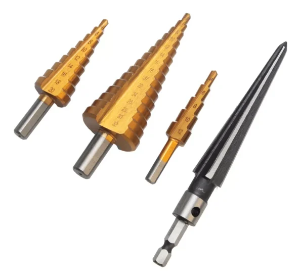 jogo 4 broca escalonada alargador cônico p furos chapas aço id-2889b idea1