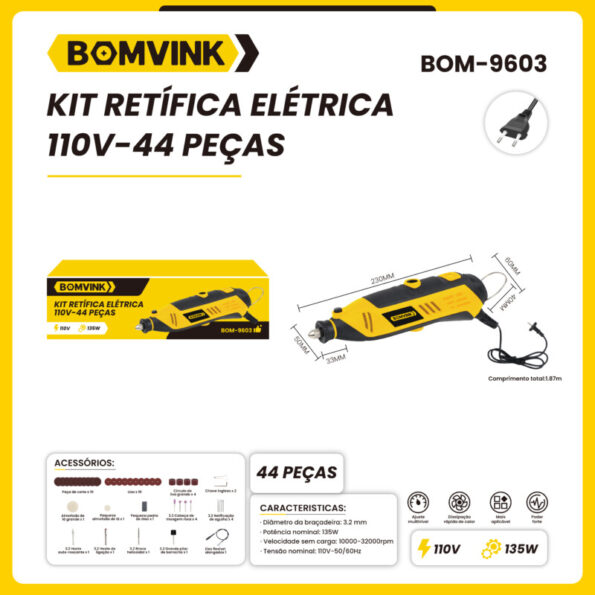 kit retífica elétrica 110v 135w 44pcs 32000rpm bom-96031