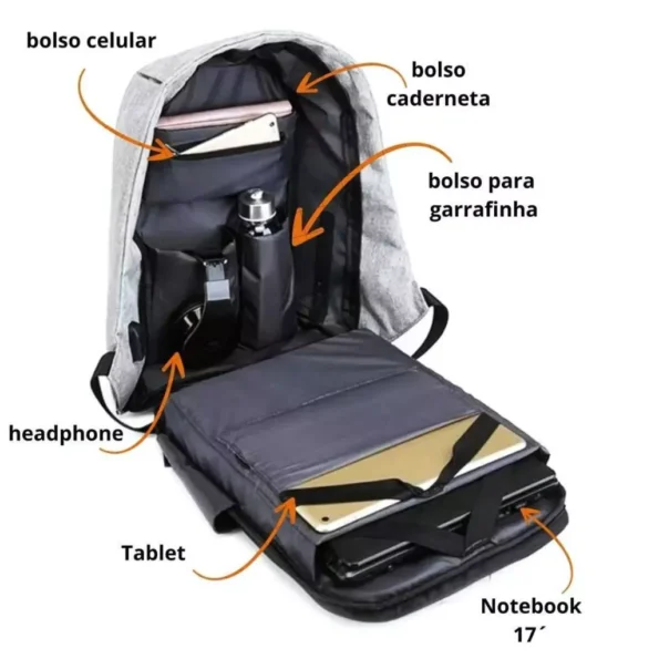 mochila anti furto para notebook saída cabo aux usb 5