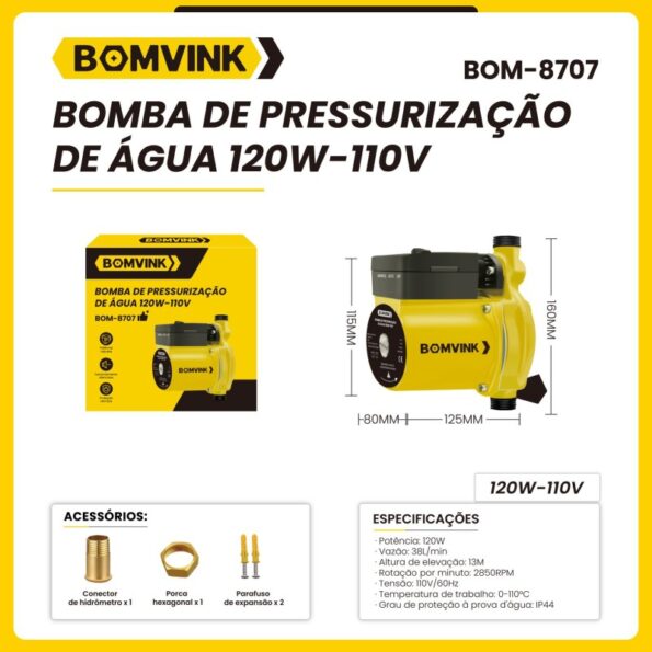 bomba de pressurização de agua 120w-110v bomvink bom-8707