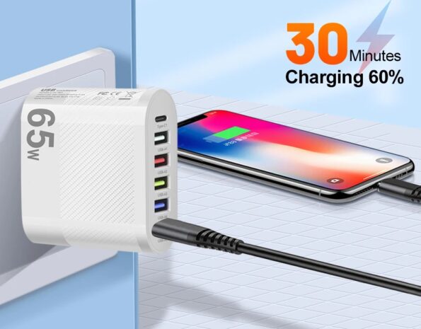 carregador turbo 65w 5 portas usb 1porta tipo c profissional- branco (2)