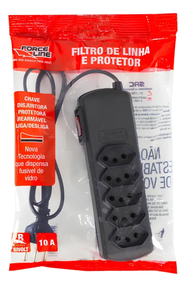 filtro de linha 0,8m 10a tripolar preto 5 tomadas forceline cod0060500124