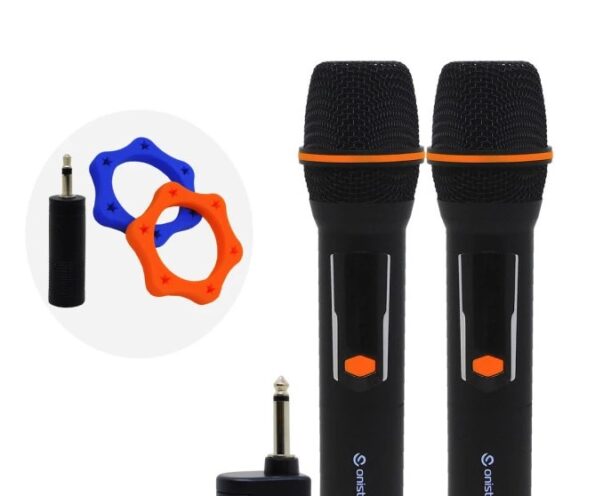 kit 2 microfones sem fio vhf dinâmico recarregável tela cor preto mc826 3