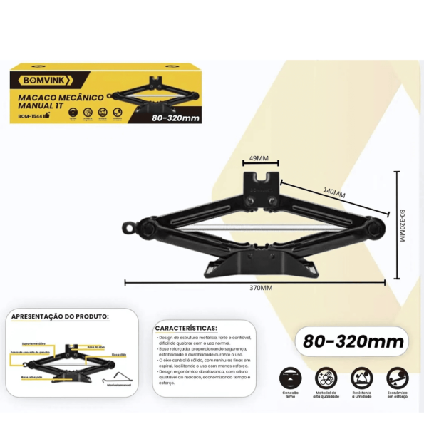 macaco mecânico manual 1t profissional alta resistente- bomvink bom-1544 1