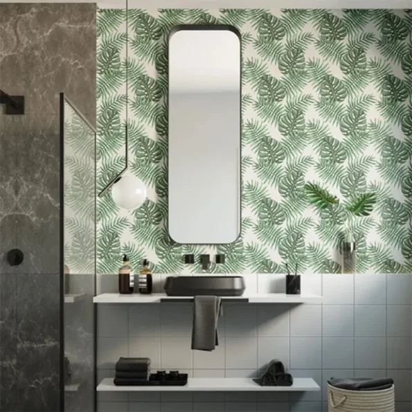 papel de parede pvc estampa folhagem tropical verde 60x13x4 1