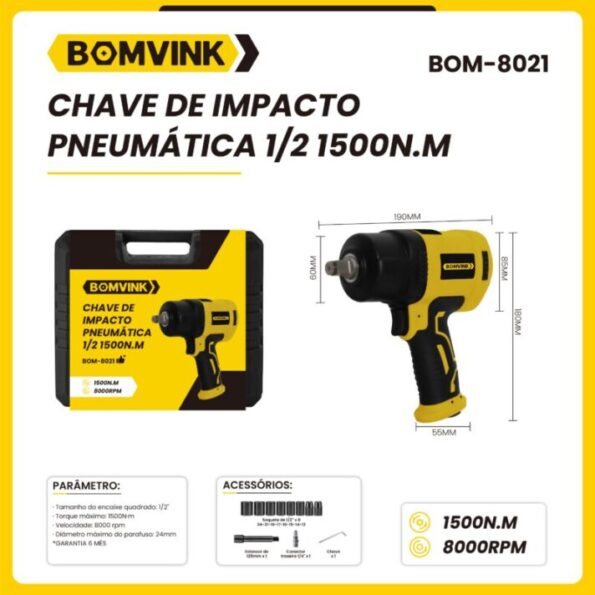 chave de impacto pneumática 12 1500n.m bomvink profissional bom-8021