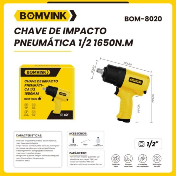 chave de impacto pneumática 12 1650 n.m bomvink bom-8020