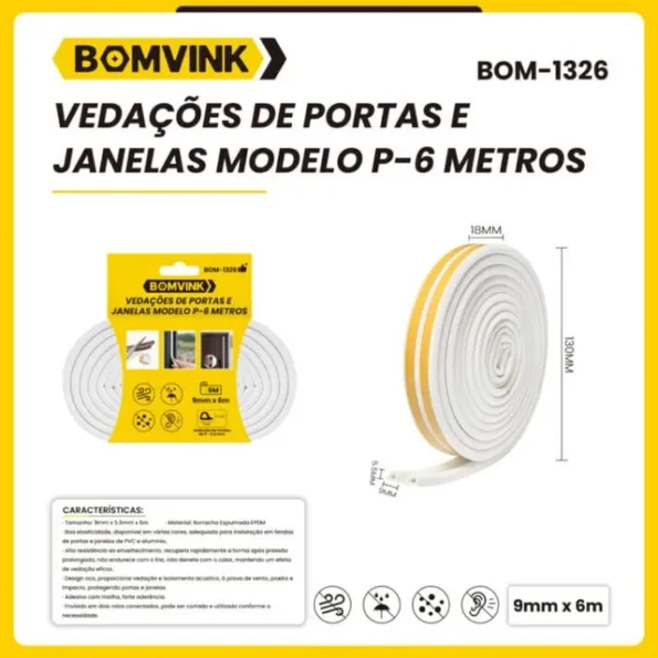 fita adesiva veda frestas janela porta vedação 6mm p 6 metros bom-1326 1