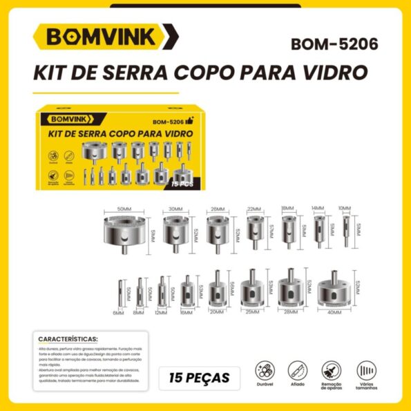 kit de serra copo para vidro profissional bomvink bom-5206 2