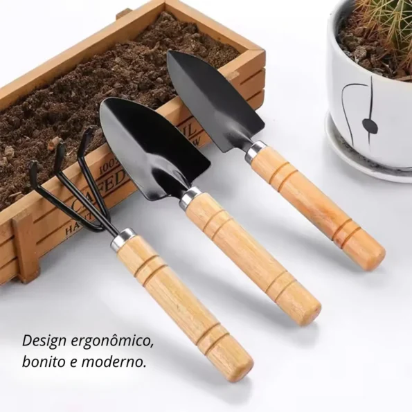 kit jardinagem 3 peças pá colher garfo madeira e aço 17 cm vi-2715 1