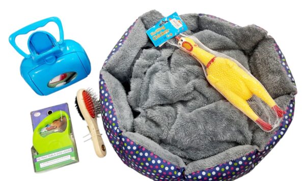 kit pet completo cama macia + guia retrátil + brinquedos e higiene