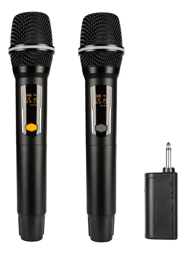 kit 2 microfones sem fio vhf dinâmico recarregável tela cor preto mc826